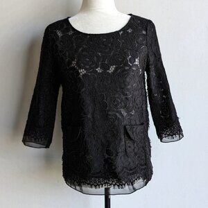 Sandra Angelozzi floral lace 3/4 sleeve semi sheer blouse